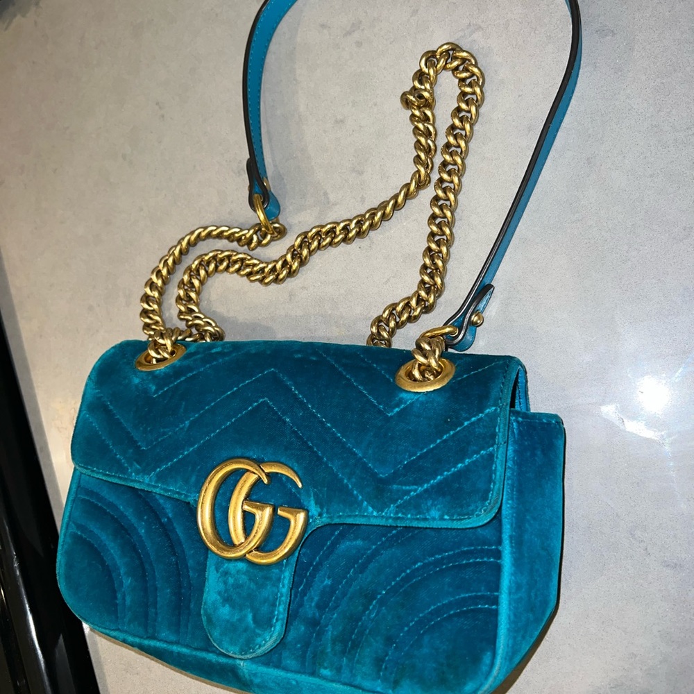 Gucci Teal Velvet Marmont Small Shoulder Bag with Gold Hardware - Picture 7 of 13
